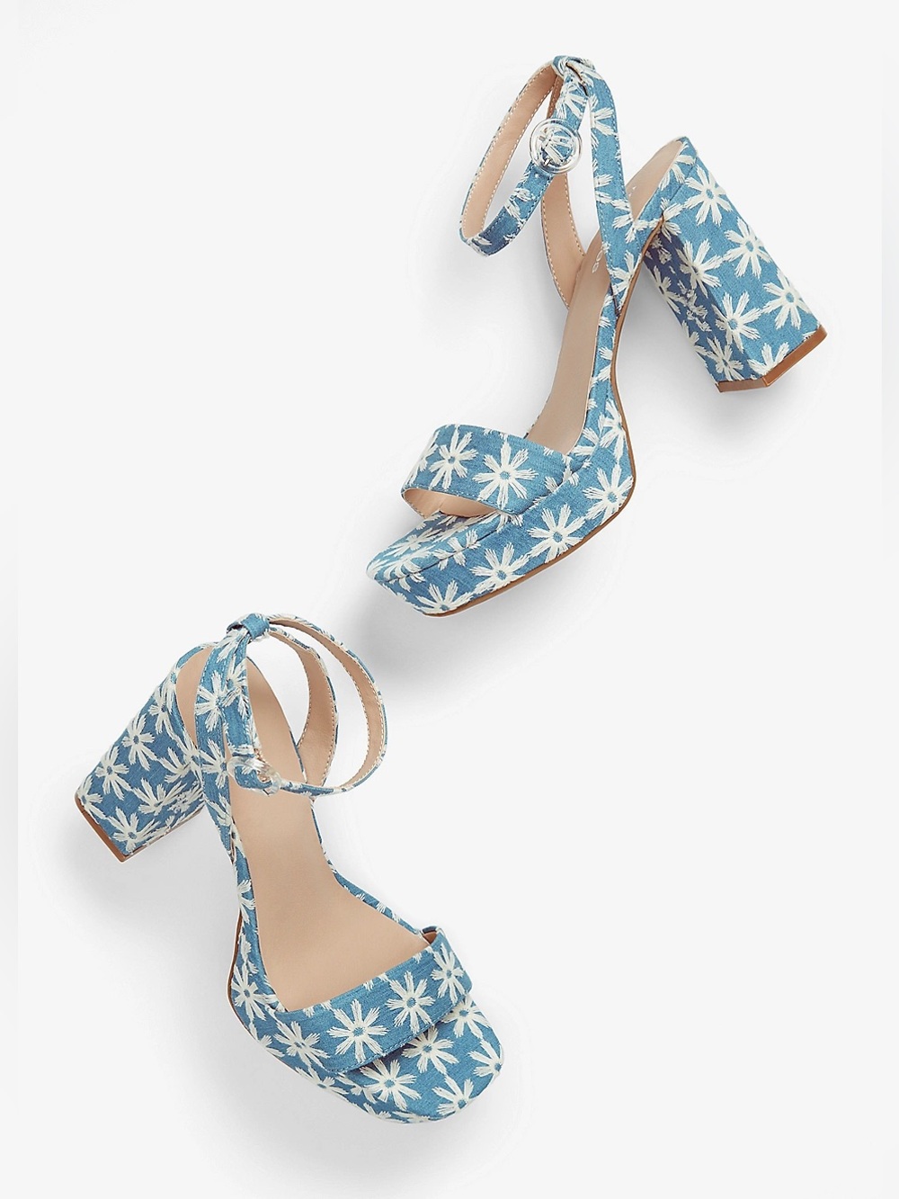 Daisy-Print Blue Block Heel Sandals with Ankle Strap